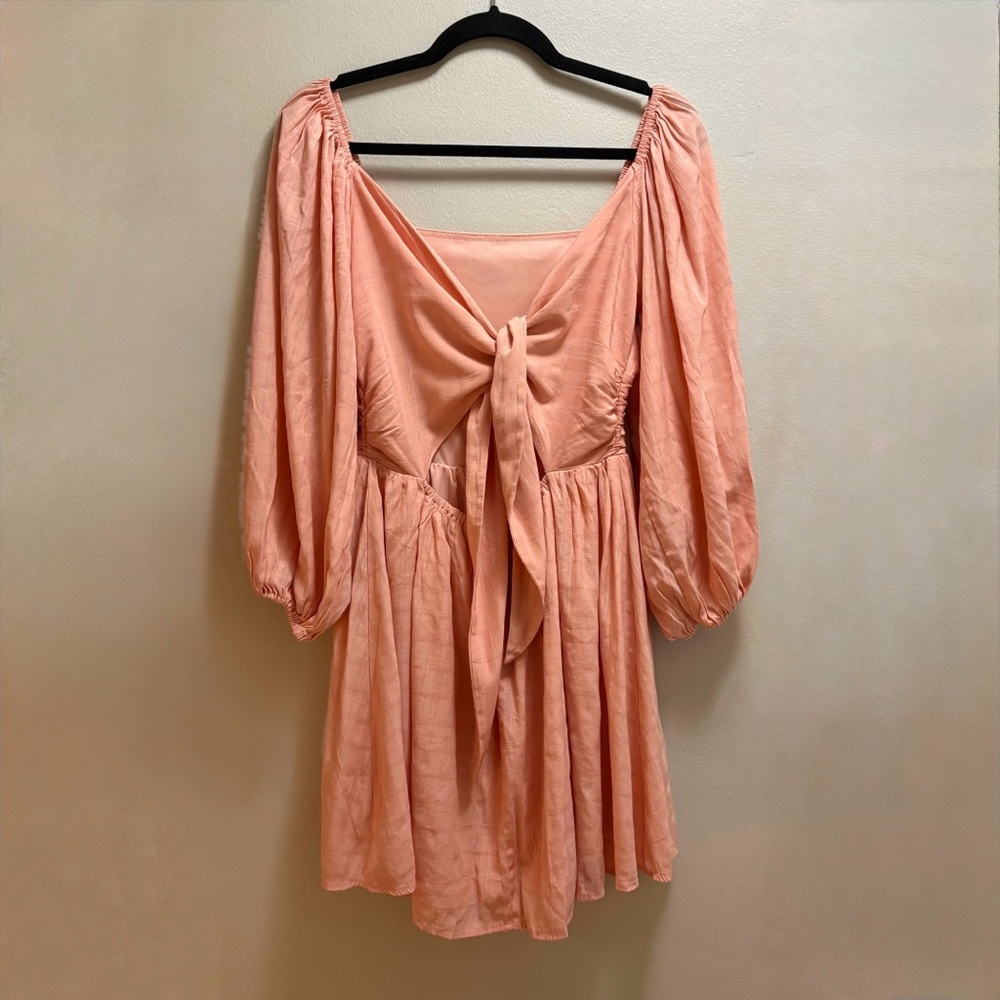 Peach Square Neck Puff Sleeve Mini Dress Back Tie | Size S Baby Doll - Picture 6 of 11